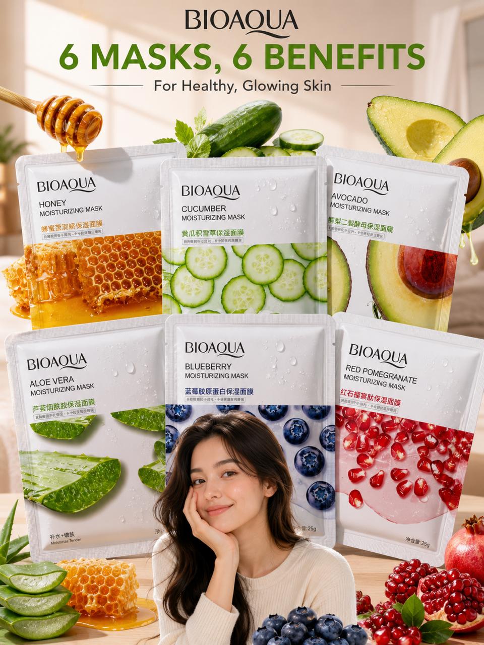 Whitening Face Sheet Mask Set Of 6 Multicolor Hydrating Brightening Skin Care Masks for Radiant Smooth and Glowing Skin | Random Flavor