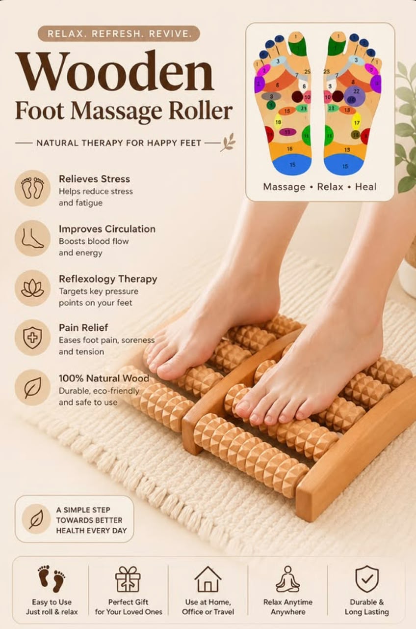 Traditional Wooden Roller Foot Massager Durable Natural Wood Design For Relaxation Stress Relief And Improved Blood Circulation